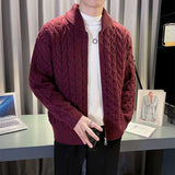 Mens Solid Color Zipper Green Fruit Collar Twisted Sweater