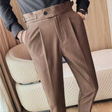 Mens Solid Color High Waist Pants Solid Color Slim Fit Trousers