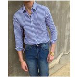 Men's Business Retro Slim Striped Long Sleeve Lapel Shirt