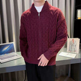Mens Solid Color Zipper Green Fruit Collar Twisted Sweater