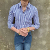 Men's Business Retro Slim Striped Long Sleeve Lapel Shirt
