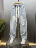 American Drawstring Ripped Denim Harem Wide-leg Pants
