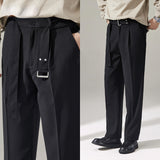 Men's Wide Leg Casual Trousers, British Style Drape Straight Leg Pants with Belt, Loose Fit