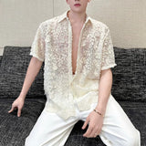 Lace-Embroidered Jacquard Short-Sleeve Shirt