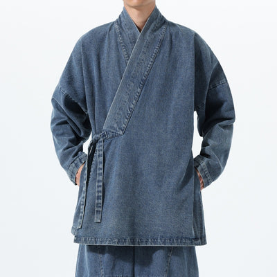Vintage Washed Denim Cross Front Kimono Coat Harem Pants Two-piece set