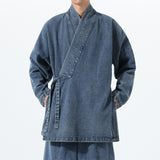 Vintage Washed Denim Cross Front Kimono Coat Harem Pants Two-piece set