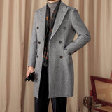 Mid-Length Double-Breasted Wool Blend Herringbone Coat
