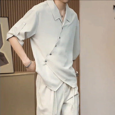 Drapey Ice Silk Short-Sleeve Shirt with Placket Detail