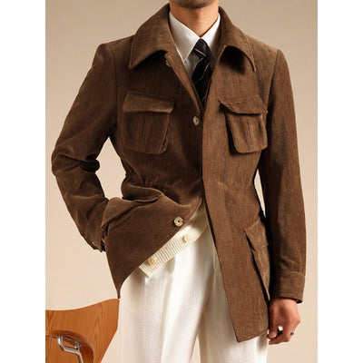 Chenille Plain Hunting Jacket Retro Slim Casual Business Coat
