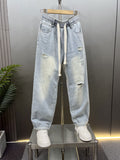 American Drawstring Ripped Denim Harem Wide-leg Pants