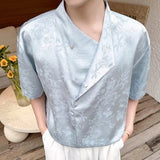 Satin Jacquard 3D-Textured Short-Sleeve Pullover Casual Shirt
