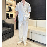 Satin Jacquard Short-Sleeve Shirt with Pearl Embroidery and Cuban Collar