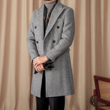 Mid-Length Double-Breasted Wool Blend Herringbone Coat