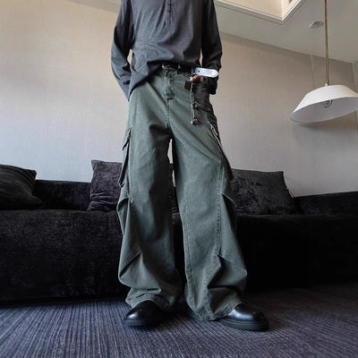 Men's Vintage Wide Leg Overalls, Pleated Large Pocket Bib Trousers, Casual Workwear Dungarees