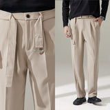 Men's Wide Leg Casual Trousers, British Style Drape Straight Leg Pants with Belt, Loose Fit