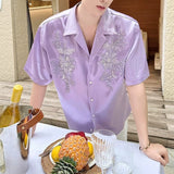Satin Jacquard Short-Sleeve Shirt with Pearl Embroidery and Cuban Collar