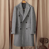 Mid-Length Double-Breasted Wool Blend Herringbone Coat