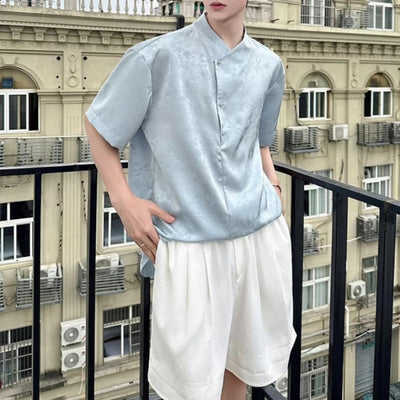 Satin Jacquard 3D-Textured Short-Sleeve Pullover Casual Shirt