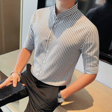 Stand Collar Half Sleeve Striped Slim Business Casual Shirt