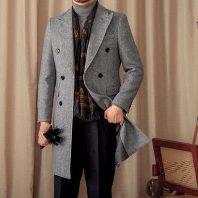 Mid-Length Double-Breasted Wool Blend Herringbone Coat