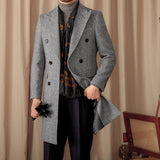 Mid-Length Double-Breasted Wool Blend Herringbone Coat