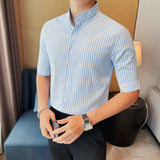 Stand Collar Half Sleeve Striped Slim Business Casual Shirt