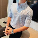 Stand Collar Half Sleeve Striped Slim Business Casual Shirt