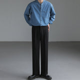 Men's Loose Standing Collar Long Sleeve Denim Shirt