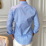 Men's Lapel Long Sleeve Business Vintage Slim Striped Shirt