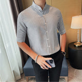 Stand Collar Half Sleeve Striped Slim Business Casual Shirt