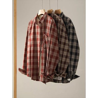 Cotton Color-blocked Plaid Shirt with Turn-down Collar