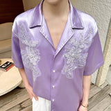 Satin Jacquard Short-Sleeve Shirt with Pearl Embroidery and Cuban Collar