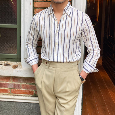 Men's Vintage British Cotton Thin Striped Long Sleeve Shirt