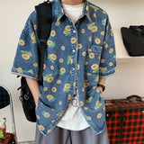 Vintage Daisy Print Distressed Denim Short Sleeve Shirt