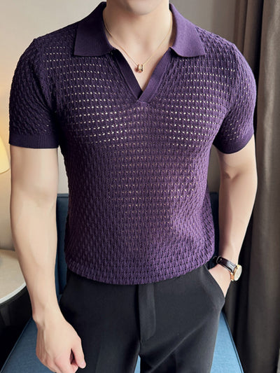Knitted Hollow V-neck Polo Shirt