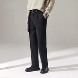 Men's Wide Leg Casual Trousers, British Style Drape Straight Leg Pants with Belt, Loose Fit