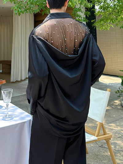 Mesh Beaded Satin Drape Shirt