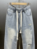 American Drawstring Ripped Denim Harem Wide-leg Pants