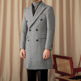 Mid-Length Double-Breasted Wool Blend Herringbone Coat