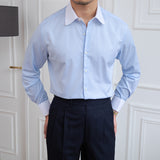 Blue Striped Long Sleeve Shirt French Cufflinks Slim Fit Shirt