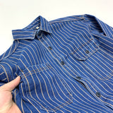 Men's Vintage Distressed Denim Shirt, Washed Striped Button Down, Casual Long Sleeve