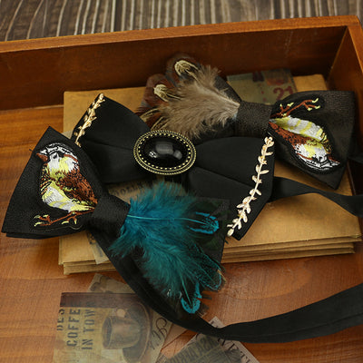 Black Feather Beaded Bow Tie