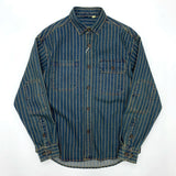 Men's Vintage Distressed Denim Shirt, Washed Striped Button Down, Casual Long Sleeve