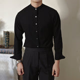 Men's British Casual Stand Collar Striped Slim Long Sleeve Shirt