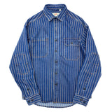 Men's Vintage Distressed Denim Shirt, Washed Striped Button Down, Casual Long Sleeve