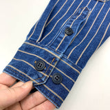 Men's Vintage Distressed Denim Shirt, Washed Striped Button Down, Casual Long Sleeve