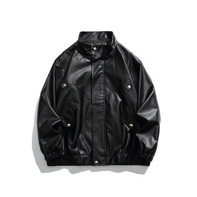 Men's Stand Collar Leather Jacket, Casual Motorcycle Biker Coat, Windproof Outerwear