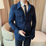Men’s Cotton Canvas Multi-pocket Cargo Jacket, Rugged Casual Lapel Workwear Coat