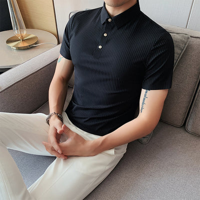 Polo Shirt Solid Color Striped Ice Silk Drape Lapel Half-sleeved Men's Summer Slim Business T-shirt