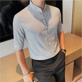 Stand Collar Half Sleeve Striped Slim Business Casual Shirt